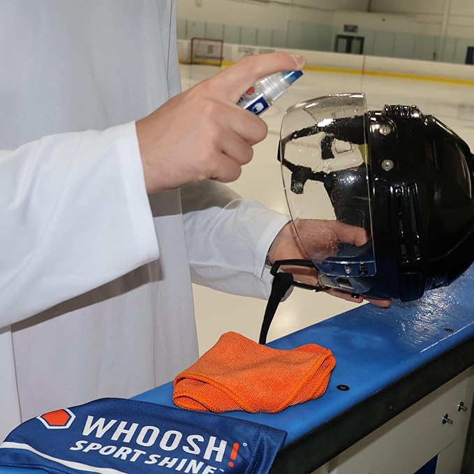 WHOOSH! Sport Shine 1 fl oz Eye Guard Cleaner Kit for Glasses, Goggles, Visors & Face Shields – Streak-Free Finish for All Lens Types, Travel Friendly – Includes 9x9” Microfiber Cloth & Storage Bag