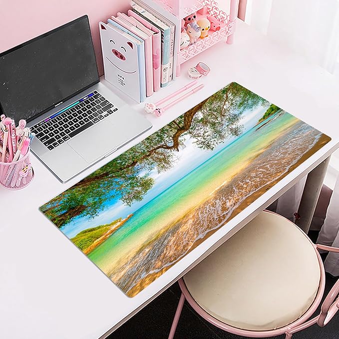 EOBTAIN Beach Mouse Pad Nature Large Extended Gaming Mouse and Keyboard Pad 31.5x15.7 Inch Non-Slip Rubber Extended XXL Mousepad for Office Laptop Computer and Home Desk Mat with Stitched Edges