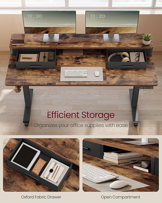 VASAGLE Electric Standing Desk with Drawers, Sit Stand Desk with Built-in Power Strip, Adjustable Height, 55.1 x 23.6 Inches, 2 Hooks, Memory Function, for Home Office, Rustic Brown ULSD184KD01