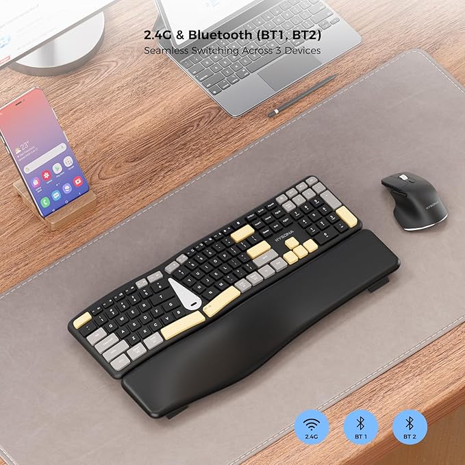 KYSONA Ergonomic Keyboard Mouse Wireless Combo, Full Size Bluetooth Split Keyboard with Wrist Rest, 4 Level DPI Ergo Mouse for Windows Mac OS Computer, Colorful Black