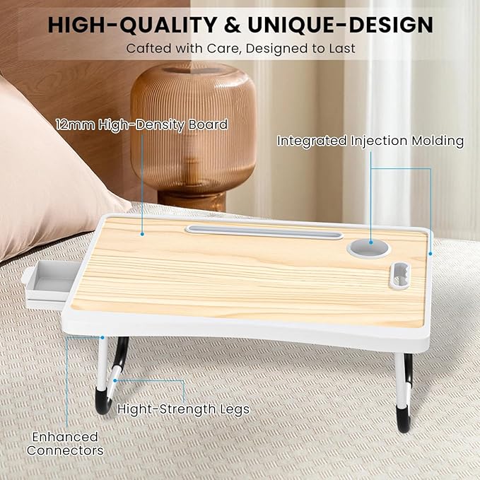 Laptop Bed Table with Storage & Cup Holder - Foldable Bed Table for Laptop, Portable Lap Desk Bed Tray for Breakfast in Bed, Writing, Reading, Working, Eating on Sofa or Floor