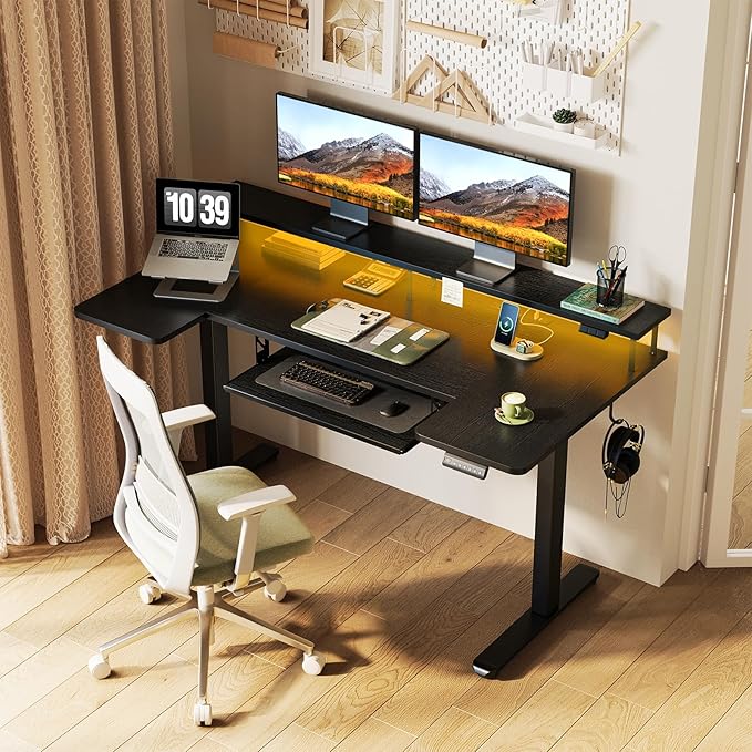 OffiGo U Shaped Electric Standing Desk with Keyboard Tray, 55 Inch Height Adjustable Desk with Power Outlets & LED Lights, Sit Stand Table with Monitor Stand for Home, Office, Black