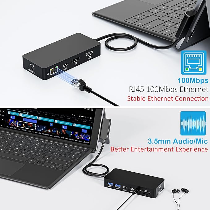 12-in-1 Surface Docking Station, 4K@60Hz Triple Display Surface Dock with HDMI, DP, USB-C, 4-Screen Support, 4 USB Ports, SD/TF, Audio for Surface Pro 11/10/9/8/7, Surface Laptop, Book, Go