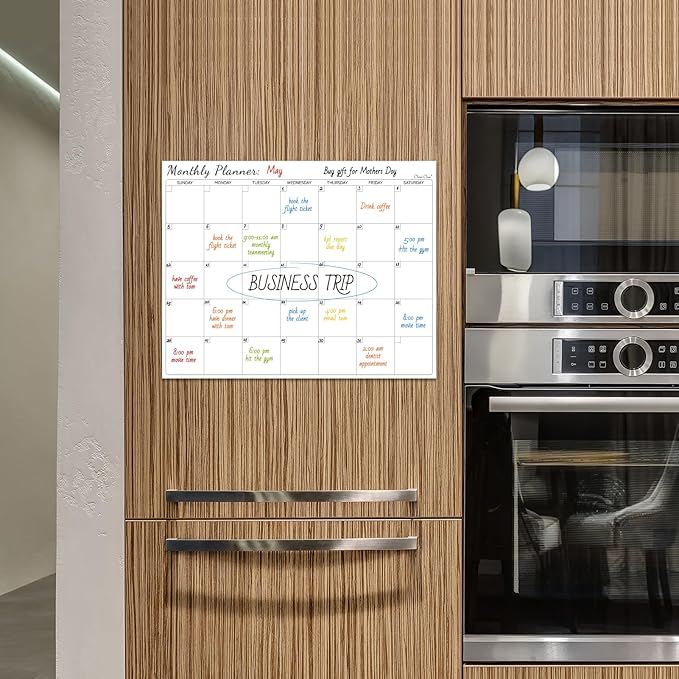 Non-Magnetic Dry Erase Calendar for Fridge - Reusable Monthly Calendar Sticks to Most Smooth Surfaces - 6 Dry Erase Markers Included - Shipped Flat