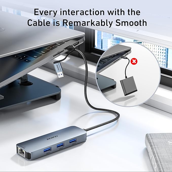 BENFEI USB-C to Gigabit Ethernet Adapter with 3-Port USB 3.0 Hub, RJ45 Network Adapter Compatible with MacBook Pro/Air, iPad Pro, iMac, Galaxy S23, XPS 17, Surface Book 3