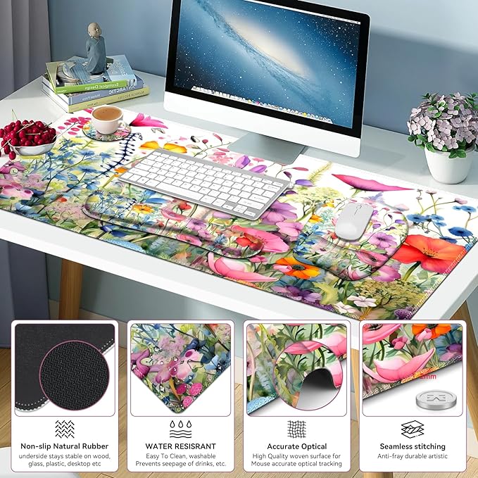 Large Mouse Pad with Wrist Support 4in1 Set, XXL Game Mousepad +Keyboard Wrist Rest+Mouse Wrist Rest+Coaster Ergonomic Design Gaming Mat for Home Office Table Computer I Gorgeous Rose Plants