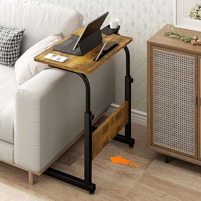 Klvied Standing Desk Adjustable Height, Stand Up Desk with Cup Holder, Portable and Easy to Move Bedside Table, Ideal for Home or Office, Walnut