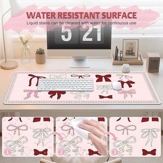 Desk Pad for Keyboard and Mouse, Large Mouse Pad for Desk, Non-Slip Keyboard Mat, Computer Mats for Desk, Desk Pad with Stitched Edges for Office, Gaming Girl Women I Cute Pink Red Bow