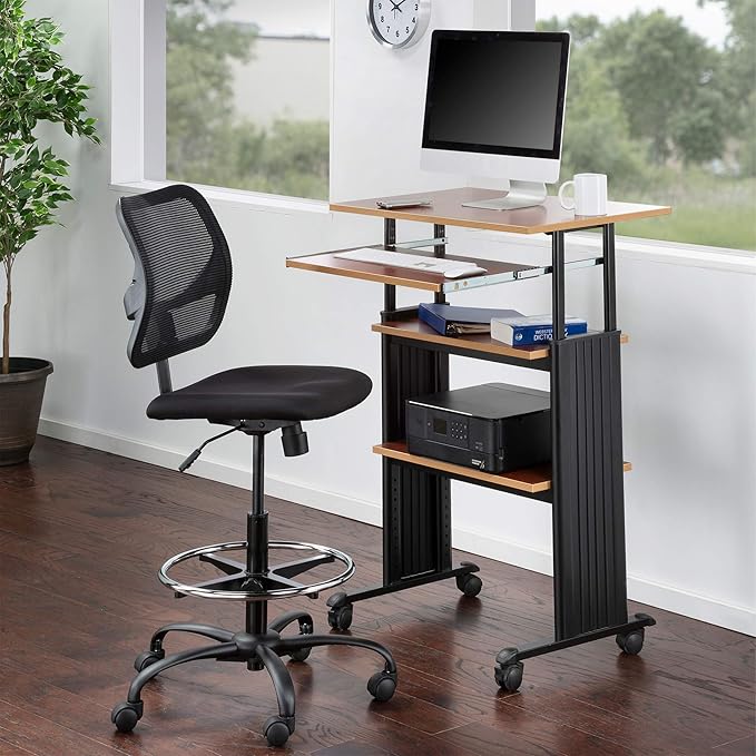 Safco 1929CY MUV Mobile Stand-Up Height-Adjustable Desk,Keyboard Storage, Steel Frame Construction, Durable Melamine Laminate Work Surface, 4 Wheels, Narrow Design