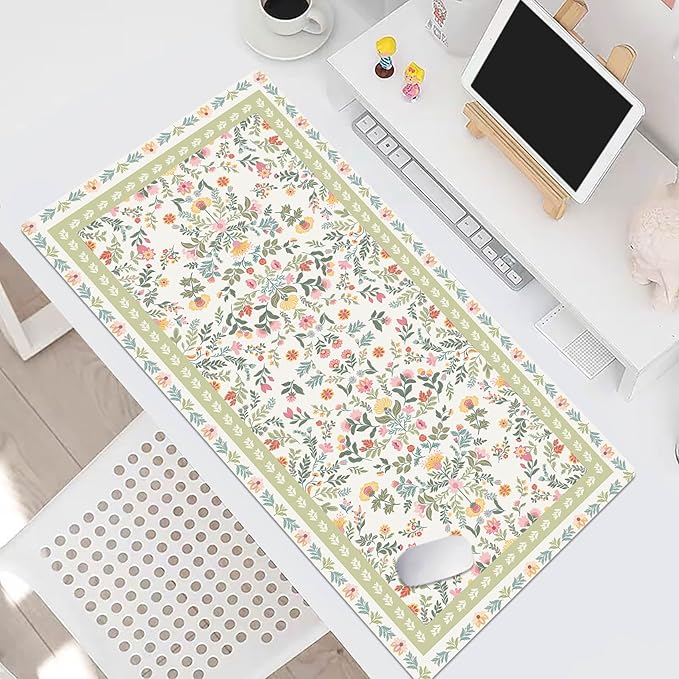 HVEST Cute Floral Mouse Pad, Sage Green Desk Mat,XXL Large Mouse Pad for Laptop Computer, Mousepad with Non-Slip Rubber Base and Stitched Edge for Game, Office, Home 31.5'' x 15.7''