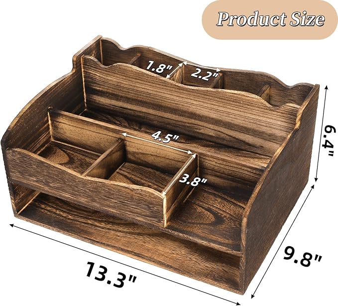 Wood Desk Organizer with File Organizer, Vintage Pen Pencil Holder with 9 Compartments, Rustic Makeup Storage Display Case Countertop, Art Supplies Organizers for Home Office
