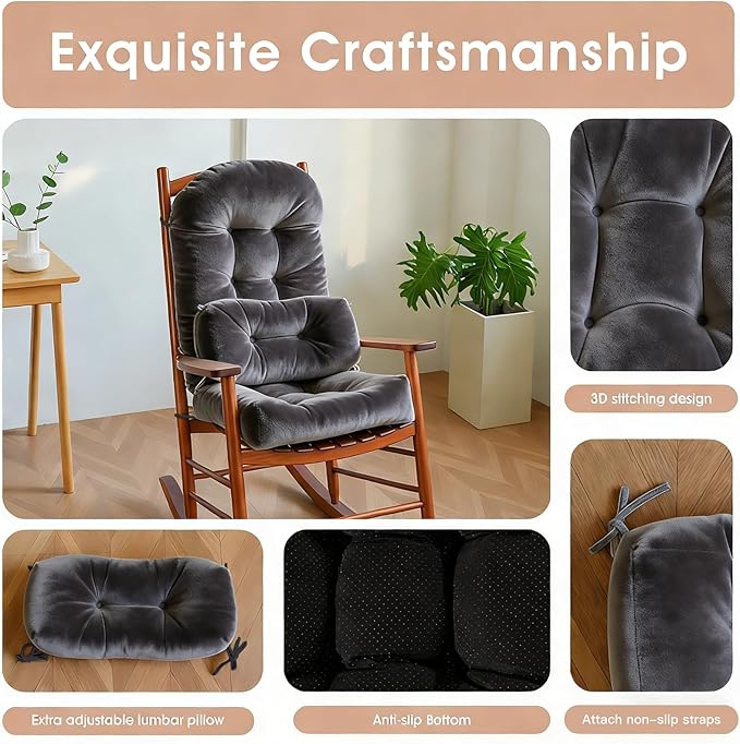 Rocking Chair Cushion Indoor Large Chair Pads Set with Ties Extra Lumbar Pillow Premium Dutch Velvet High Resilience Filler Non-Slip Bottom, Grey