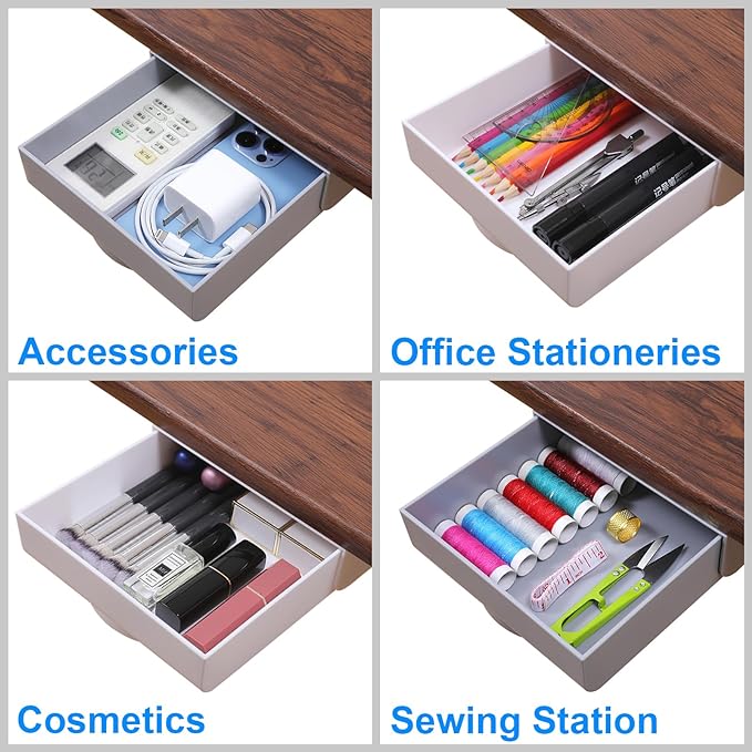 2 Pack Under Desk Drawer Self-Adhesive Desktop Storage Organizer, Hidden Attachable Slide Out Desk Drawer, Under Table Tray for Pencil Pen Stationery Office Organization, Gray