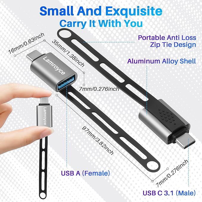 USB C 3.1 to USB 3.0 Adapter 2 Pack, Portable USB Female to USB C Male OTG Extender Converter, with Lanyard Keychain, Support fast charging and 5Gbps data transfer for iPhone17/16/15 Series,Galaxy S25