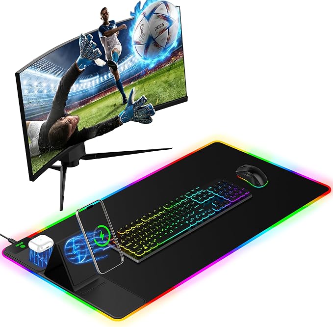 Mouse Pad with Wireless Charger Foldable Phone Holder, XXL RGB Gaming Mousepad 31.5"x15.8" Large Desk Mat for Keyboard, Black Desk Pad with Dual Qi Charging Station, 11 Colors 5 Modes