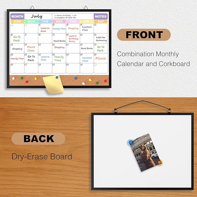 Monthly Calendar Dry Erase Board 16x12 Inch, Double-Sided Whiteboard and Corkboard Combo with Black Aluminum Frame (Color Calendar), Wall Mounted Organizer with Markers, Magnets, Push Pins, Eraser