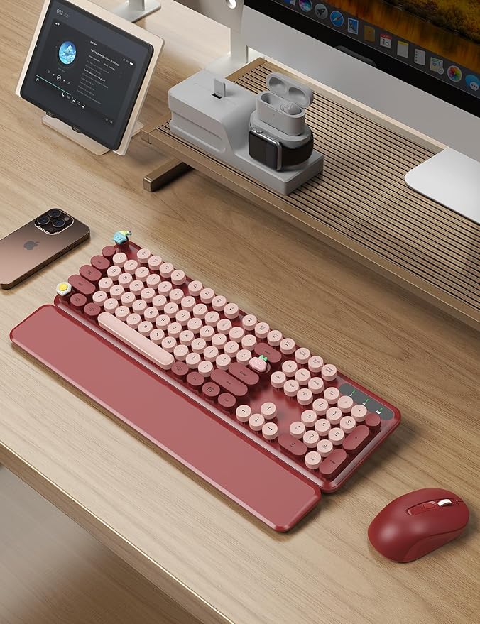 Wireless Keyboard and Mouse Combo - Cute Typewriter Keyboard with Detachable Wrist Rest, Retro Round Keycaps, Foldable Legs, 2.4GHz Full-Size Keyboard for PC, Laptop, Windows - Trueque (Wine Red)