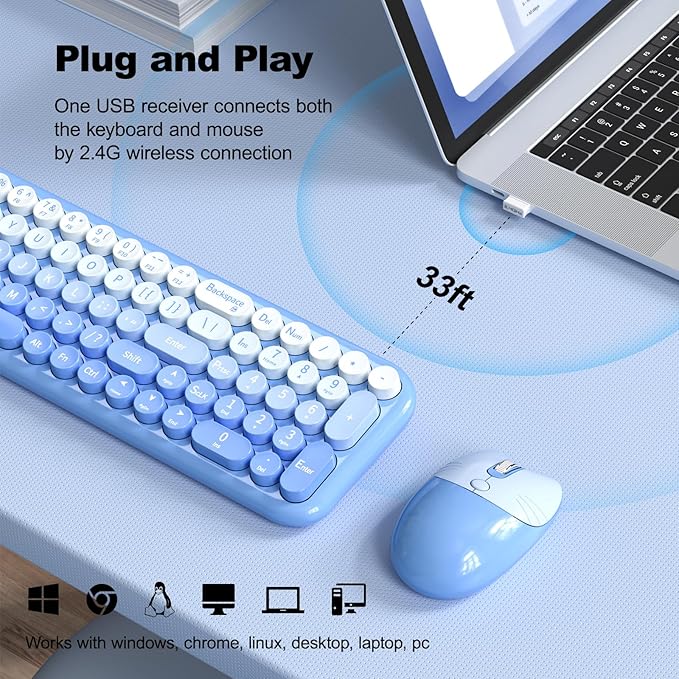Wireless Keyboard and Mouse Combo, Portable Retro Keyboard with Compact Size, 2 in 1 USB Connected Mouse for Windows 7/8/10, Laptop, Desktop, PC, Computer (Blue)