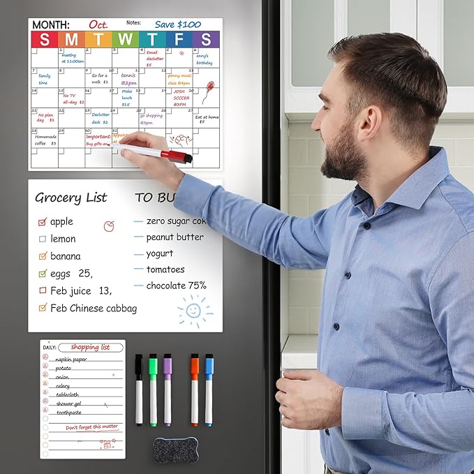 3 Pack Dry Erase Magnetic Calendar for Refrigerator - Monthly & Blank & Daily Planner Magnet Whiteboard for Fridge Wall - Shopping, Meal/Menu, to Do List, Family Schedule Planning Board (9CO-3RIKO)
