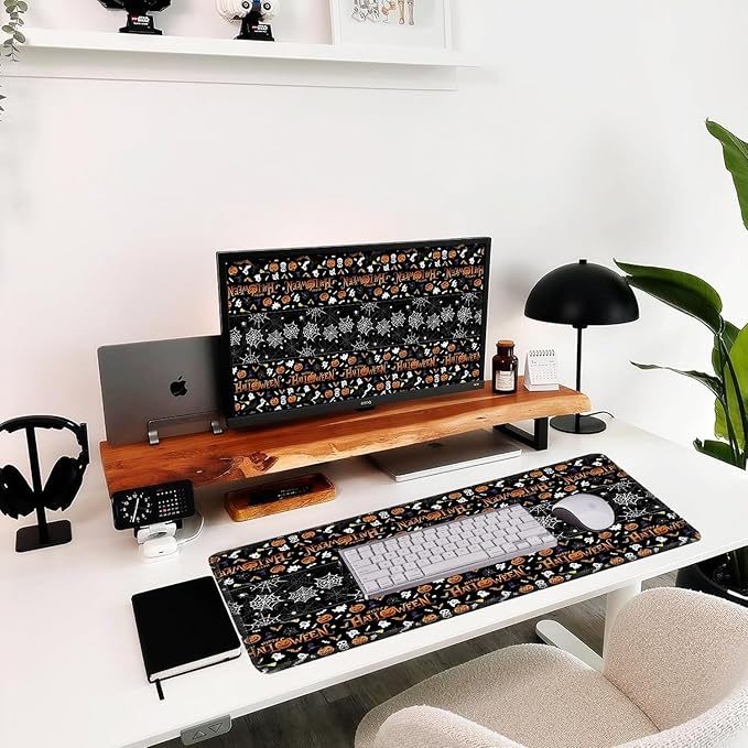 Halloween Themed Mouse Pad, Skeleton Ghost Pumpkin Head Pattern Large Gaming Desk Mat with Sewn Edges, Micro-Woven Fabric for Office and Home, 31.5x11.8in