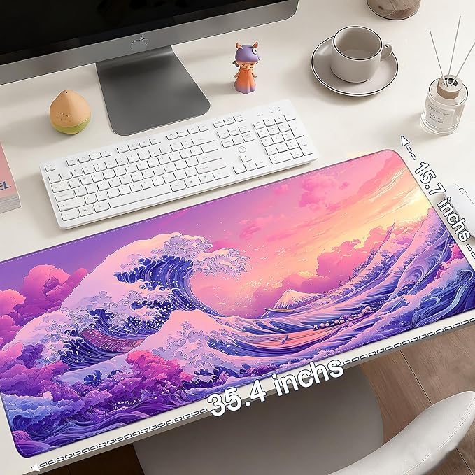 Mouse Pad Gaming - Desk Mat for Keyboard and Mouse - Japanese Sea Wave Large Mouse Pads for Desk, Desks Pad(35.4" X 15.7") with Non-Slip Base, Kanagawa Gaming Mousepad for Game, Office and Home