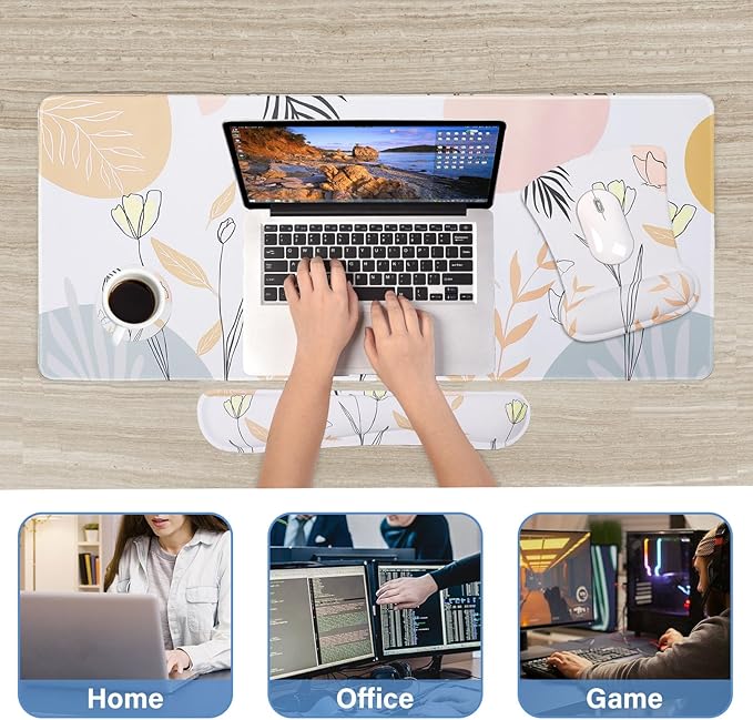 MEGREZ 4-in-1 Ergonomic Memory Foam Wrist Rest Set, Desk Pad, Mouse Pad with Wrist Rest, Keyboard Pad, Suitable for Office Workers, Programmers & Gamers–Relieve Typing & Gaming Fatigue,