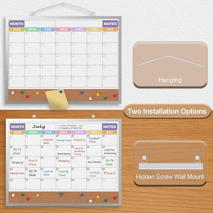 Monthly Calendar Dry Erase Board 16x12 Inch, Double-Sided Whiteboard and Corkboard Combo with Silver Aluminum Frame (Color Calendar), Wall Mounted Planner with Marker, Magnet, Push Pin, Eraser