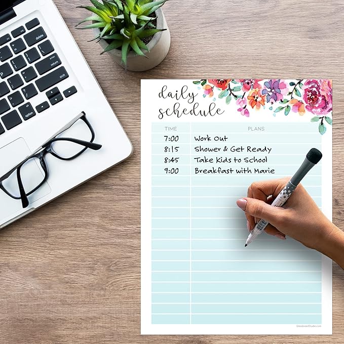 Dry Erase Daily Schedule Planner Sticker Decal by Glassboard Studio | Removable & Reusable | Magnetic Fine-Tip Marker Included (9 x 12 inches, Floral)