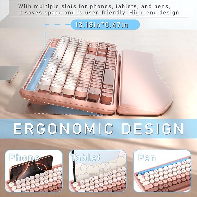 Colorful Wireless Computer Keyboard and Mouse Combo with Phone Holder, Wrist Rest, Typewriter Keys, 2.4GHz Wireless, Full-Sized Optical Mouse for PC and Laptop(Peach Colorful)