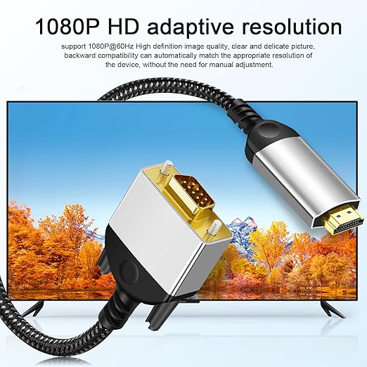 HDMI to VGA Adapter Cable 5ft Uni-Directional Only,Gold-Plated 1080p@60Hz HDMI Male to VGA Male Braided Cord for PC,Laptop,Monitor,HDTV