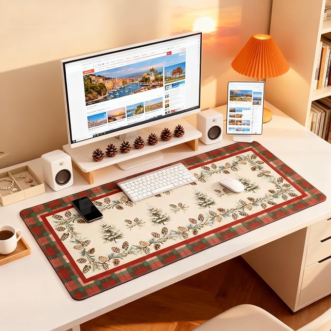 Christmas Tree Plaid XXL Desk Mat - Large Mouse Pad with Anti-Slip Base & Stitched Edges for Women, Festive Desk Pad for Computer, Keyboard and Home Office