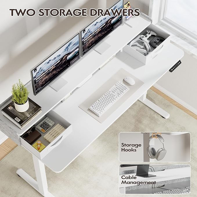 Furmax Electric Standing Desk with Drawers, Stand Up Desk with Storage Shelf Height Adjustable Computer Desk with Organizer for Home Office Ergonomic(White, 55 Inch)
