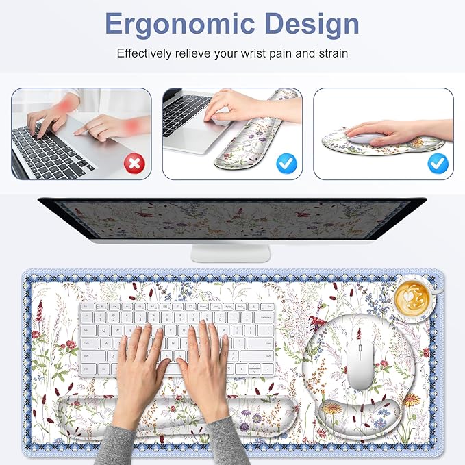 Floral Desk Mat, 4in1 Large Mouse Pad with Wrist Rest, Cute Desk Mat, Anti-Slip XXL Computer Ergonomic Mousepad with Wrist Support for Keyboard and Mouse, Colorful Weeds