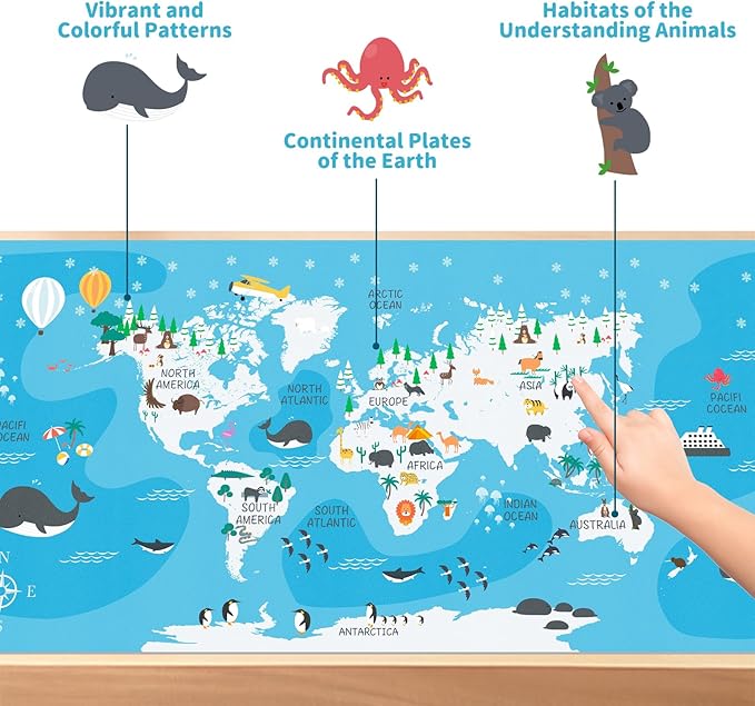 Kid's Desk Mat Cute Early Education Leather Desk Mat, Kawaii Blue Toddler World Map Waterproof Desk Writing Pad, Large Keyboard and Mouse Mat for Classroom/Kindergarten(31.5" X 15.7")