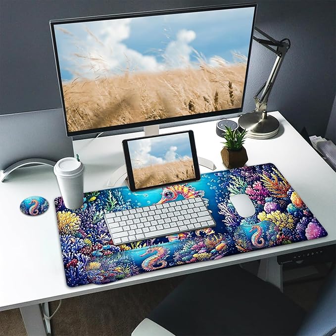 Large Mouse pad and Keyboard Support Set, Ergonomic Memory Foam Keyboard Wrist Rest, Extended Gaming Mouse Pad with Stitched Edges, Cute Seahorse XXL Desk Mat (31.5 X 11.8 in)