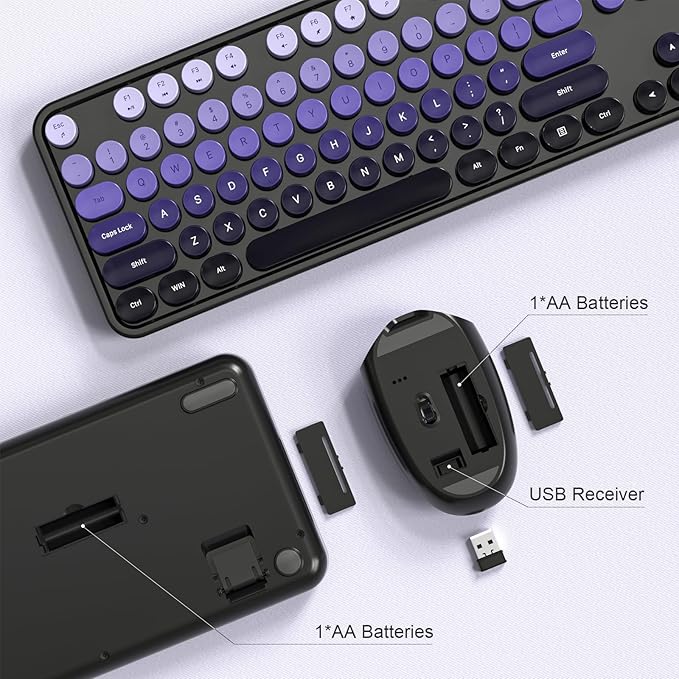 Wireless Keyboard and Mouse Combo, 104 Keys Full-Sized Typewriter Keyboards, 2.4 GHz USB Receiver Plug and Play for Windows, PC, Laptop, Desktop (Black Purple)