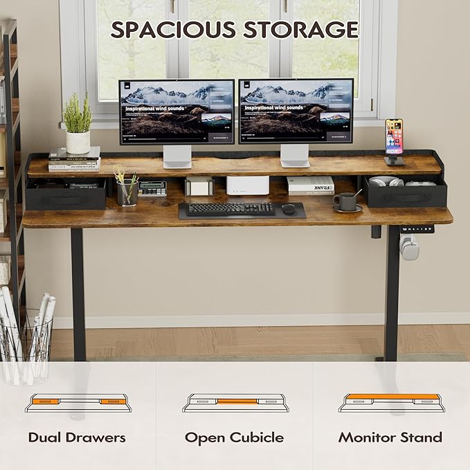 Furmax Electric Standing Desk with Drawers, Stand Up Desk with Storage Shelf Height Adjustable Computer Desk with Organizer for Home Office Ergonomic (Rustic Brown, 63 Inch)