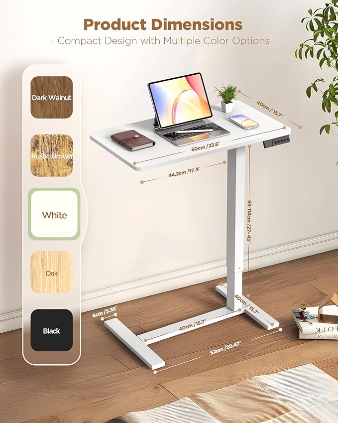 Overbed Bedside Table with Wheels, Electric Standing Desk Adjustable Height, Small Computer Desk for Home Office, Rolling Laptop Desk for Bed, Sofa, or Hospital Use (24"x16",White)