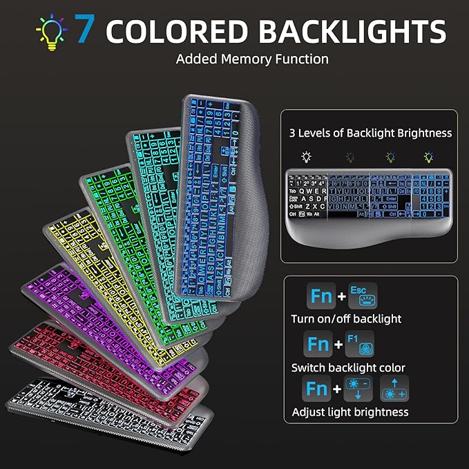 Large Print Backlit Wireless Keyboard – Silent Keyboards with Wrist Rest, 7-Color Light up, Quiet Low Profile Keys, 2.4G Wireless Rechargeable Full Size Keypad for Computer Laptop Windows, Gray