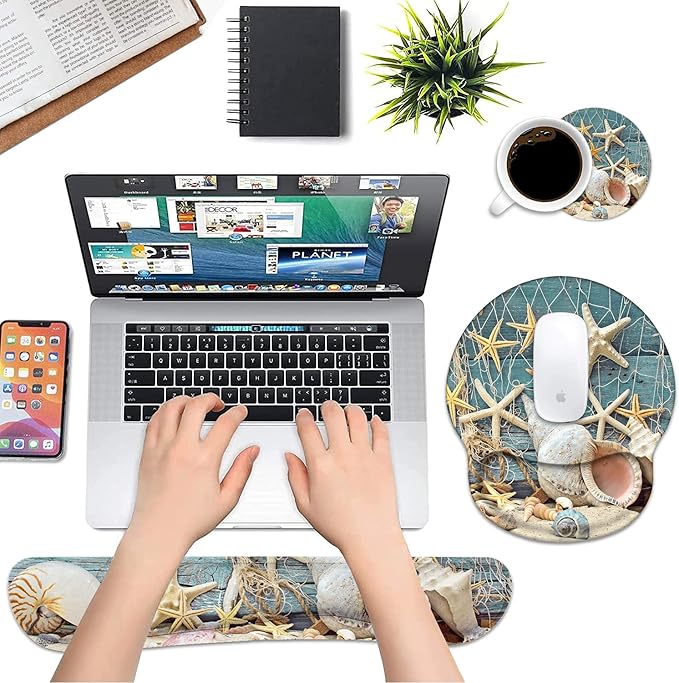Keyboard Wrist Rest and Mouse Pad Wrist Support Set with Coasters, Non-Slip PU Base, Easy Typing and Relieve Wrist Pain, Perfect for Home Office Working Studying, Seashell Conch Starfish