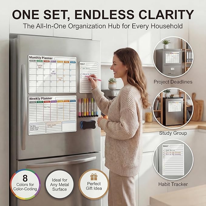 Magnetic Calendar for Refrigerator (3-Pack, Ships Flat) - 17"x12" Monthly, Weekly & Daily Planner with Lined Grids - Nano-Tech Dry Erase Board Fridge Whiteboard, 8 Markers & Eraser