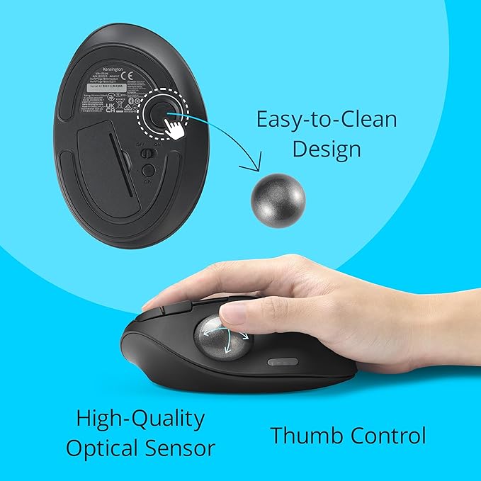 Kensington TB450A Wireless Trackball Mouse, Bluetooth LE & 2.4GHz Connection, 4 DPI Options, Connect up to 3 Devices (K72177WW), Black-Silver