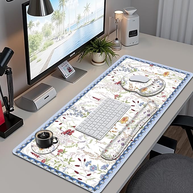 Floral Desk Mat, 4in1 Large Mouse Pad with Wrist Rest, Cute Desk Mat, Anti-Slip XXL Computer Ergonomic Mousepad with Wrist Support for Keyboard and Mouse, Colorful Weeds