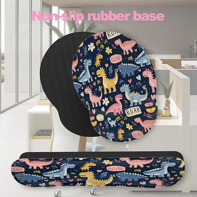 Cute Dinosaur Mouse Pad with Wrist Rest Set, 3-in-1 Wrist Support Mousepad Set, Gaming Mat Pad with Anti-Skid Base,Ergonomic Memory Foam Mouse Pad Set for Women, Office, Typing, Gaming