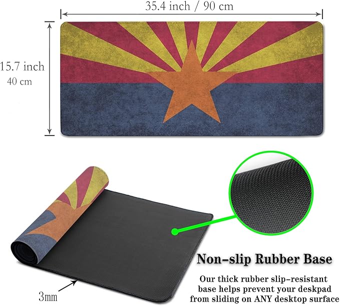 Gaming Desk Mat - Yellow Modern Mouse Pad, Extra Large Non-Slip Rubber Base, 35.4" X 15.7" for Work, Game, Office, Home - Arizona State Flag