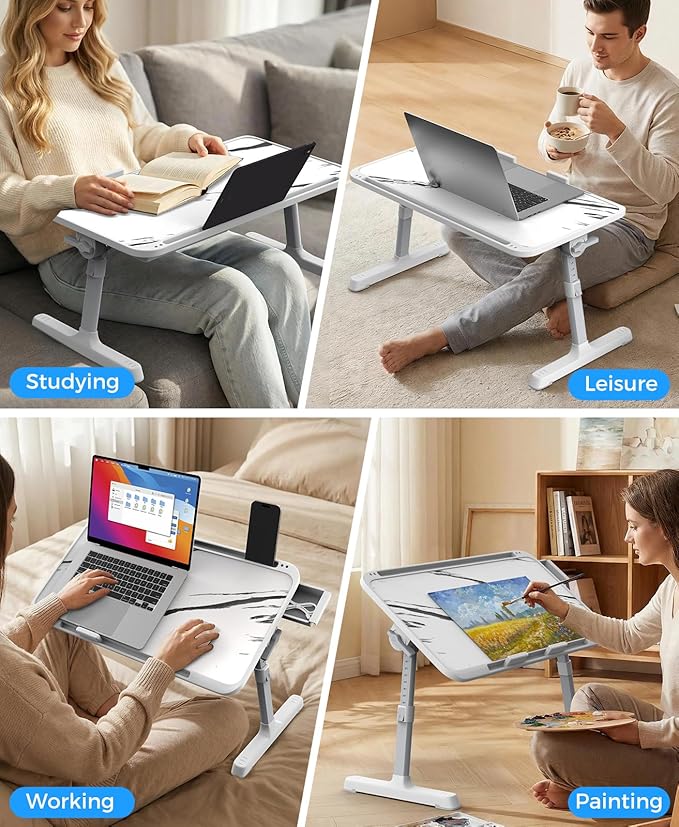 Laptop Bed Tray Table, Adjustable Sturdy Laptop Stand for Bed with Premium Materials, Folding Portable Lap Desk with Drawer for Writing Working Reading Eating Couch Floor (Marble, 22.04"×12.2")