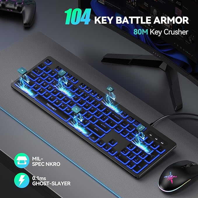 TECKNET Wired Keyboard,Silent USB Keyboard for Office,Spill-Resistant,Slim Full-Size Membrane Layout,Plug and Play for PC/Laptop/Mac-RGB Backlit