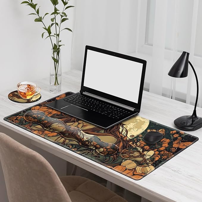 Gaming Mouse Pad Set, Moonlight Girl Large Desk Mat Mousepad, Keyboard Wrist Support, Mouse Wrist Rest, Coaster 4in1 Ergonomic Memory Foam, Non-Slip Stitched Edge for Home Office