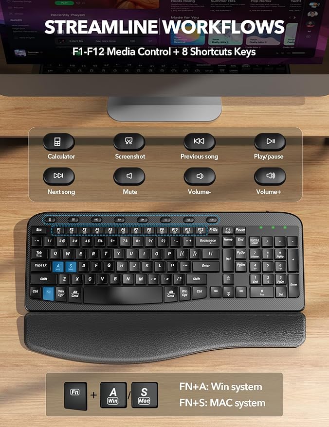 SABLUTE Wireless Keyboard, Ergonomic Wave Keyboards with Cushioned Wrist Rest, 2.4GHz USB Computer Wave Key Board for Windows, Mac, Chrome, PC, Laptop, Tablet - Black Full Size - Teclado Inalámbrico