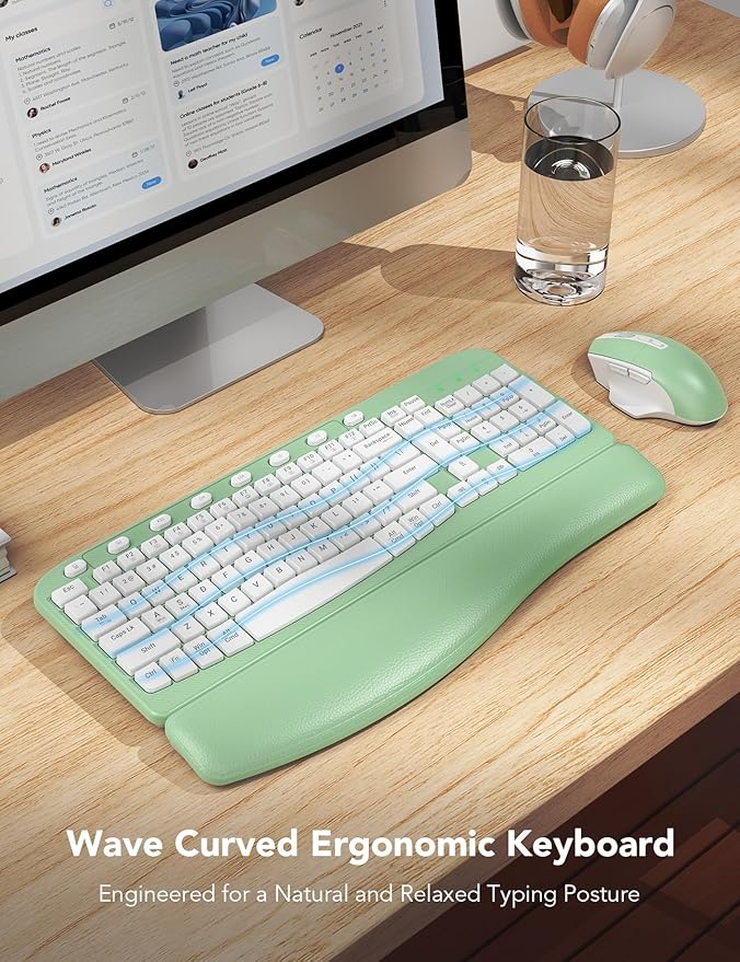 SABLUTE Wireless Keyboard and Mouse Combo, Ergonomic Wave Keys, Cushioned Plam Rest, Comfortable Silent Natural Typing, 2.4G Lag-Free, MA12 Full Size Keyboards Set for Multi-OS, Windows/Mac, Green